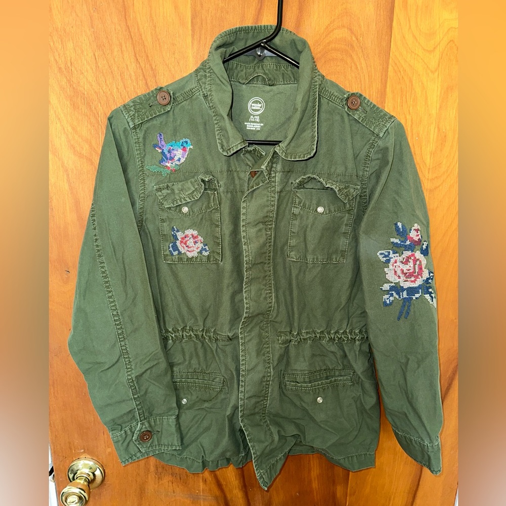 Girls Army Green Jacket with Embroidery